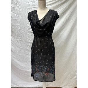 Womens Tunic Dress XS S Black Floral Vintage Y2K Sheer Cowl Neck Boho Festival